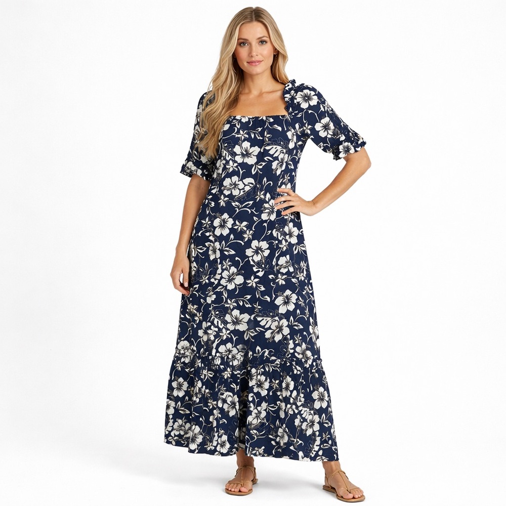 Hilo Hatties Maxi Hawaiian Muu Muu Dress Medium Blue Cream Hibiscus Never Worn